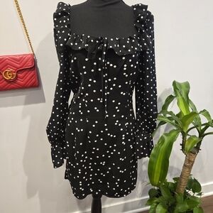 Polka Dot Ruffle Long-Sleeve Mini Dress - Black/White